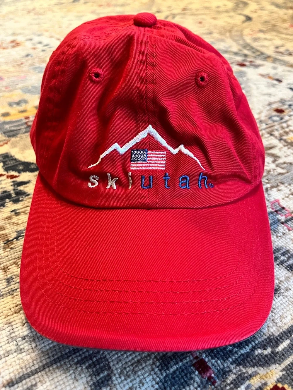 Vintage Port Authority Red 'Ski Utah' Embroidered Baseball Cap, 100% Cotton